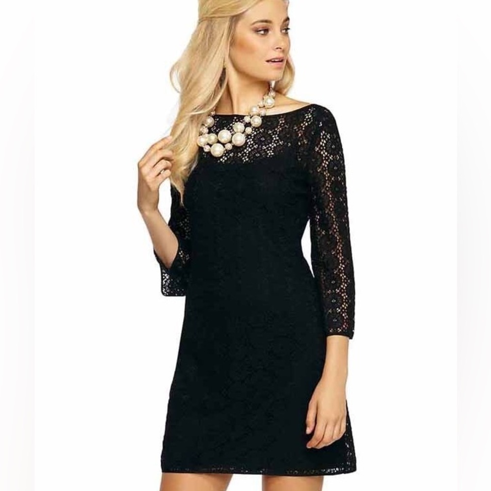 Black Lace Sheath Dress with Three-Quarter Sleeves